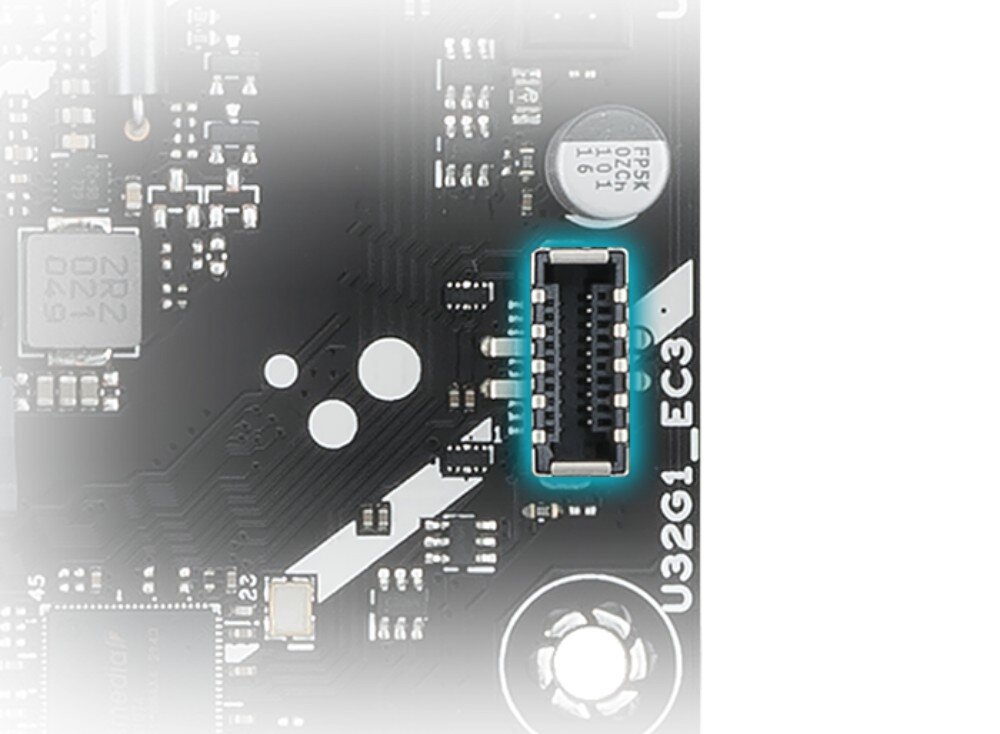 Płyta główna ASUS Prime B760 Plus Zbliżenie na wewnętrzne złącze USB typu C umieszczone na powierzchni płytki drukowanej z niebieską obwódką