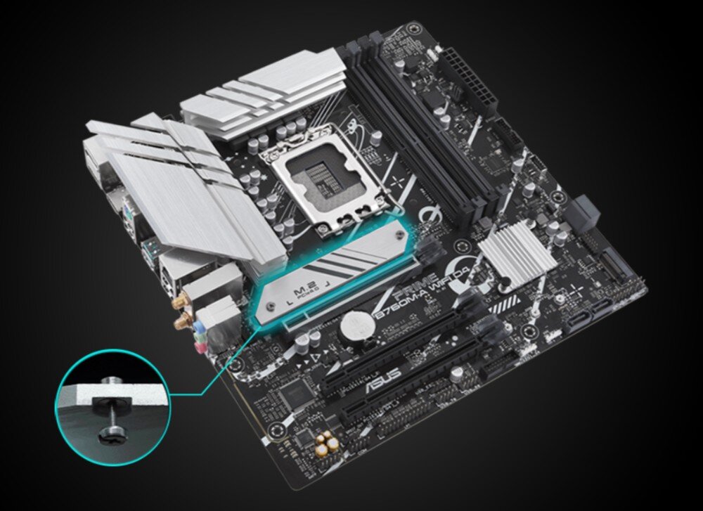Płyta główna ASUS Prime B760M-A WiFi Widok na płytę główną z zaznaczonym na błękitno górnym gniazdem na dysk M.2 oraz powiększonym detalem przedstawiającym śrubkę montażową