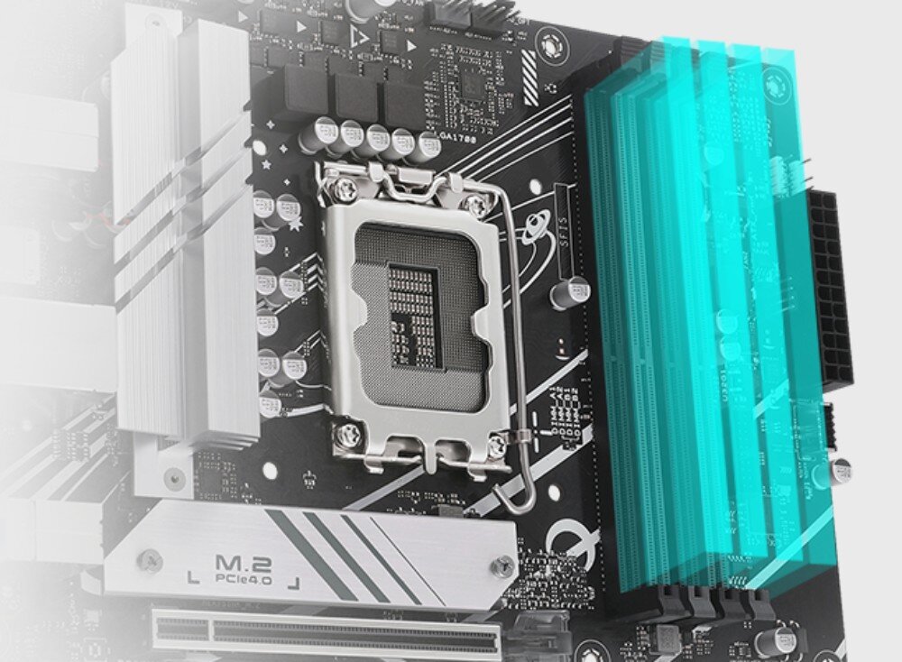 Płyta główna ASUS Prime B760M-A WiFi Zbliżenie na górną część płyty głównej z zaznaczonymi na błękitno czterema bankami pamięci RAM obok gniazda procesora