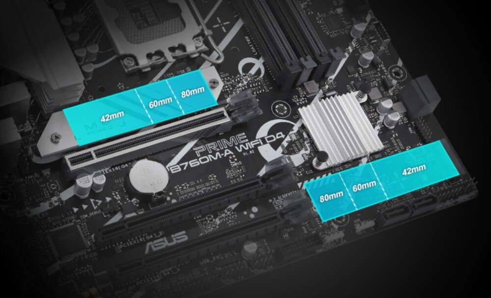 Płyta główna ASUS Prime B760M-A WiFi Grafika przedstawiająca dwa gniazda M.2 na płycie głównej z naniesionymi wymiarami obsługiwanych dysków: 42mm, 60mm oraz 80mm