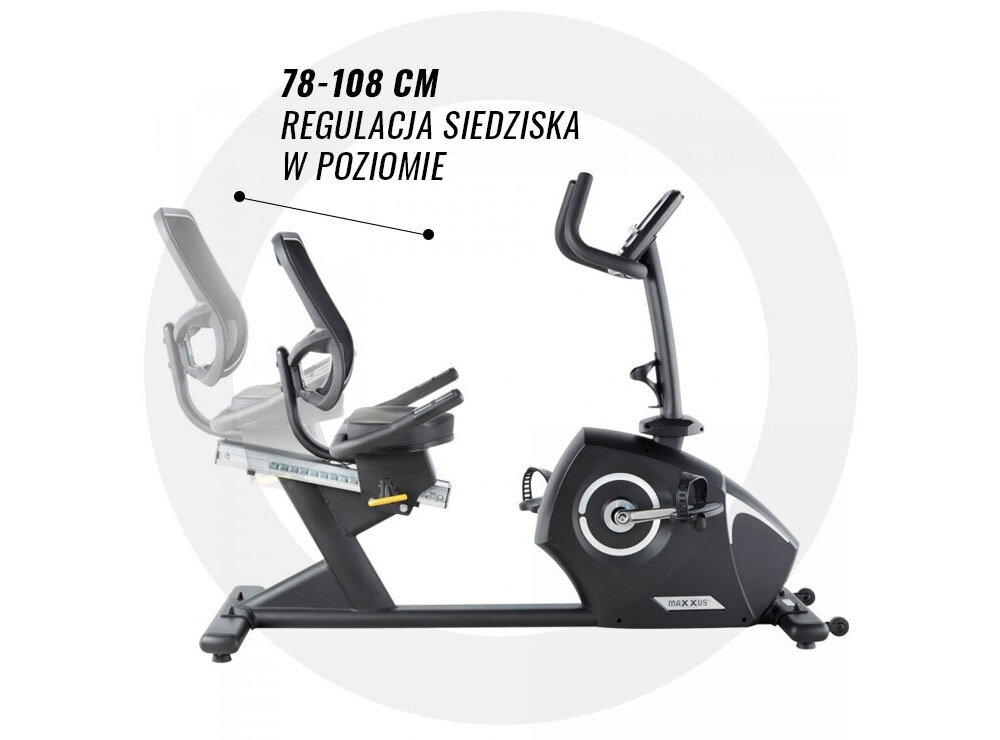 Rower elektromagnetyczny MAXXUS 4.2R ergonomicznie zaprojektowane siedzenie regulacja w zakresie od 78 do 108 cn siedzisko z oparciem z siatki stabilizacja plecow oddychanie ciala siedzisko z wysokiej jakosci pianki odporna na odksztalcenia wytrzymala tapicerka