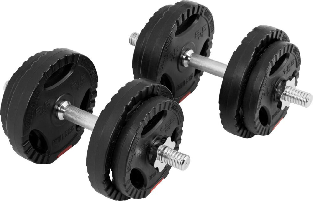 Zestaw hantli GORILLA SPORTS 3917 2 x 10 kg ergonomiczne uchwyty odpowiednio wyprofilowane uchwyty rowkowana powierzchnia zapobiega slizganiu sie dloni odpowiednio wywazoe hantle