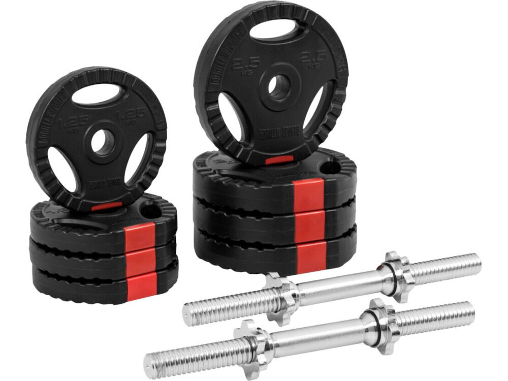 Zestaw hantli GORILLA SPORTS 3917 2 x 10 kg zestaw 2 gryfy 4 obciazenia po 1,25 kg 4 obciazen po 2,5 kg 4 zabezpieczenia gwiazdkowe dokumentacja