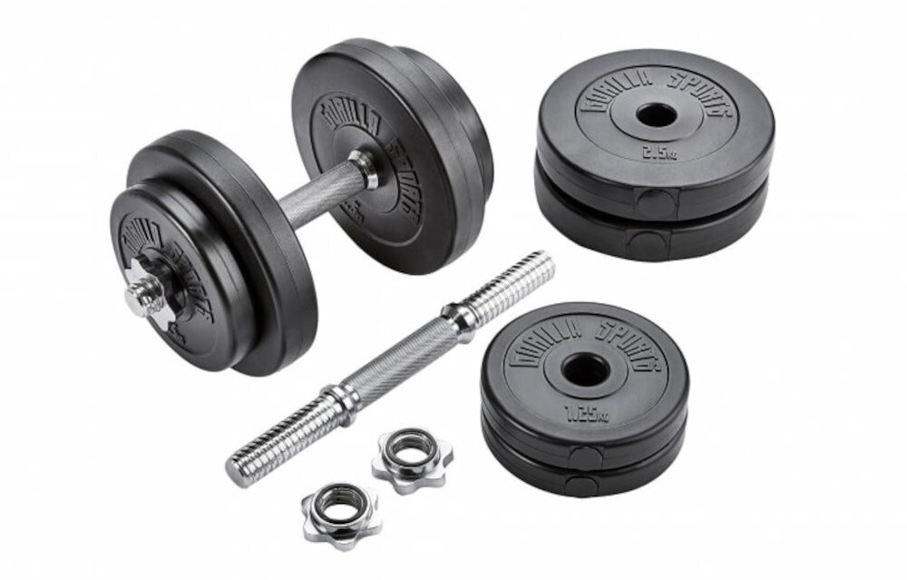 Zestaw hantli GORILLA SPORTS 2802 2 x 10 kg zestaw 2 gryfy 4 obciazenia po 1,25 kg 4 obciazen po 2,5 kg 4 zabezpieczenia gwiazdkowe dokumentacja
