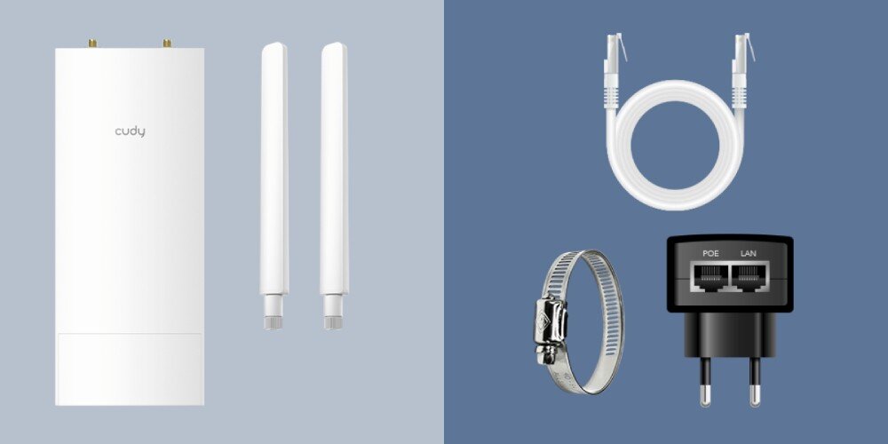 Router CUDY LT400 Outdoor Po lewej stronie widok zestawu złożonego z głównego modułu, dwóch odłączonych anten. Po prawej stronie kabel Ethernet, opaska zaciskowa oraz zasilacz PoE z dwoma portami oznaczonymi 'POE' i 'LAN', zastosowanie, sieć 4G, przepustowość, pasmo
