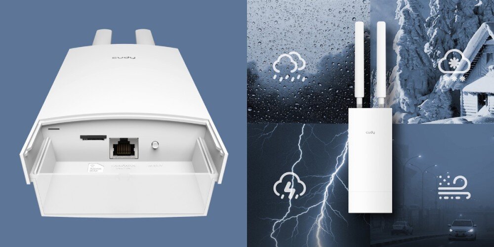 Router CUDY LT400 Outdoor Po lewej stronie widok dolnej części urządzenia z gniazdem Ethernet i miejscem na kartę SIM. Po prawej stronie grafika przedstawiająca urządzenie na tle symboli różnych warunków pogodowych: deszcz, śnieg, burza i wiatr, odporność, szczelność, norma IP65