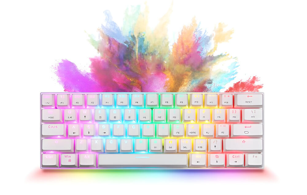 Klawiatura MOTOSPEED SK62 Red Switch Biały trzy opcje podłączenia kolorowe podświetlenie RGB do 260 godzin bez ładowania ergonomiczny projekt 61 klawiszy z czerwonymi przełącznikami