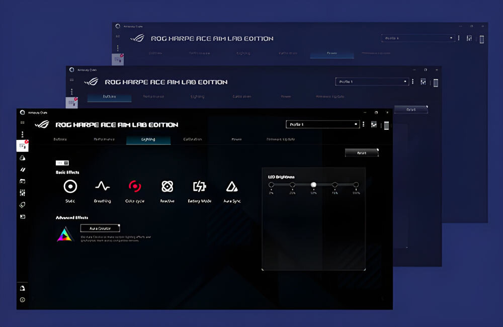 Mysz ASUS ROG Harpe Ace Aim Lab Edition Biały Armoury Crate dostosowanie wydajności kalibracja powierzchni programowanie funkcji personalizacja oświetlnia RGB Aura Sync