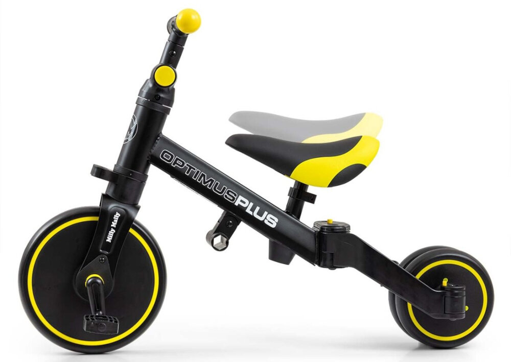 Rowerek biegowy MILLY MALLY Optimus Plus 4w1 Czarno-żółty dla dzieci od 12 miesiaca zycia ergonomiczne siedzisko regulacja wysokosc w zakresie od 30 do 34 cm rosnie razem z dzieckiem