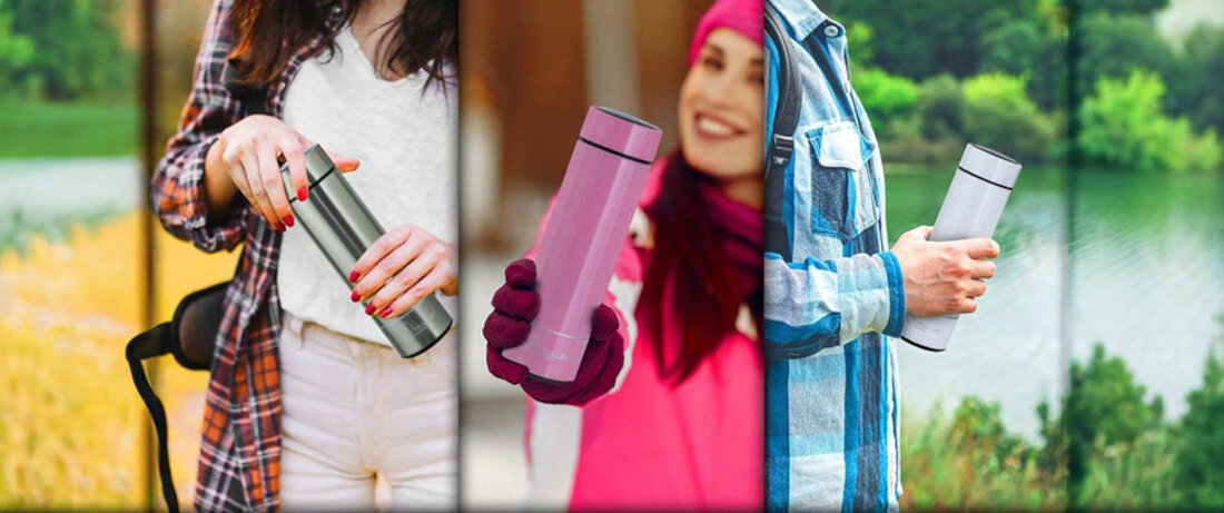 Kubek termiczny EXTRALINK Smart Travel Mug Srebrny 500 ml wygląd design tło prezentacja wizualizacja Zabierz go ze sobą!