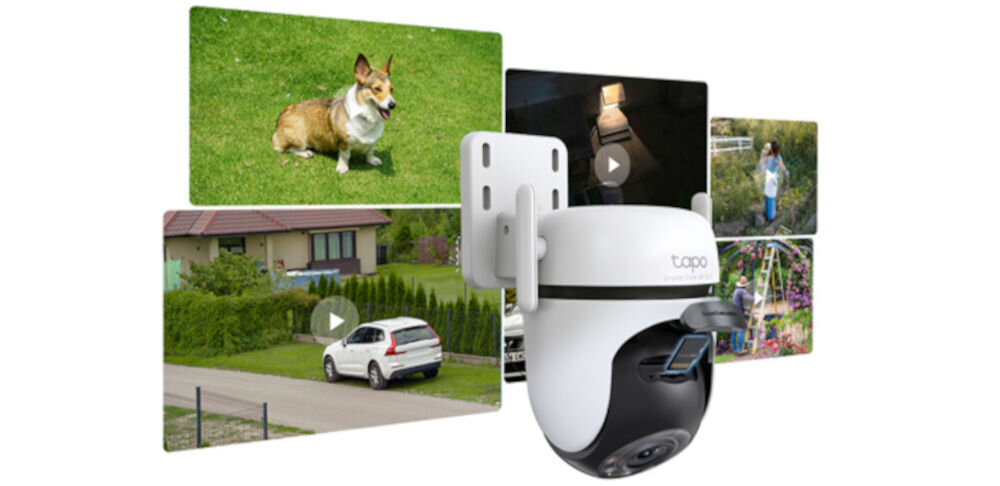 Kamera TP-LINK Tapo C520WS Zewnętrzna, Wi-Fi / LAN, wykrywanie, ruch, obiekt, patrolowanie, na białym tle kamera wraz z różnego rodzaju środowiskiem obserwacji