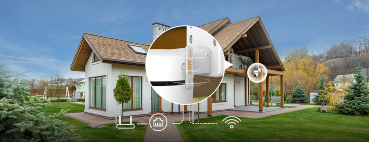 Kamera TP-LINK Tapo C520WS Zewnętrzna, Wi-Fi / LAN, wifi, zasięg, kamera, port, RJ45, w tle dom jednorodzinny, zbliżenie na transmisję sieciową i bezprzewodową
