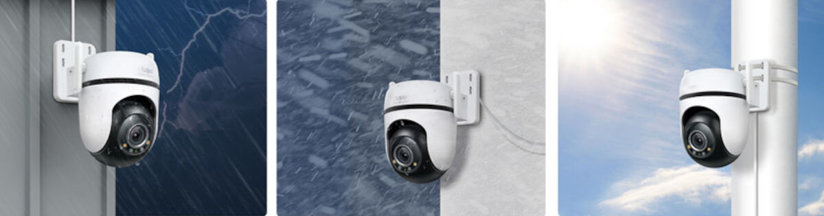 Kamera TP-LINK Tapo C520WS Zewnętrzna, Wi-Fi / LAN, prywatność, tryb, IP66, odporność, kamera przedstawiona na 3 różnych warunkach pogodowych