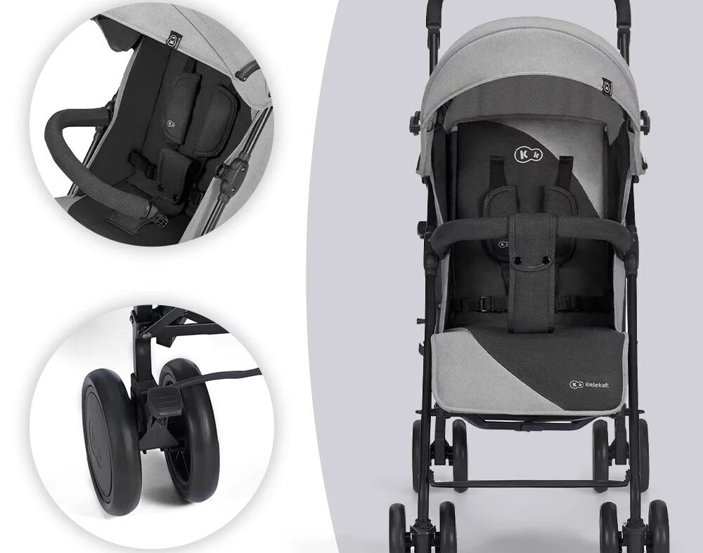 Wózek spacerowy KINDERKRAFT Siesta Szary bezpieczeństwo Regulowane 5-punktowe pasy hamulce barierka zabezpieczająca spokój spacer