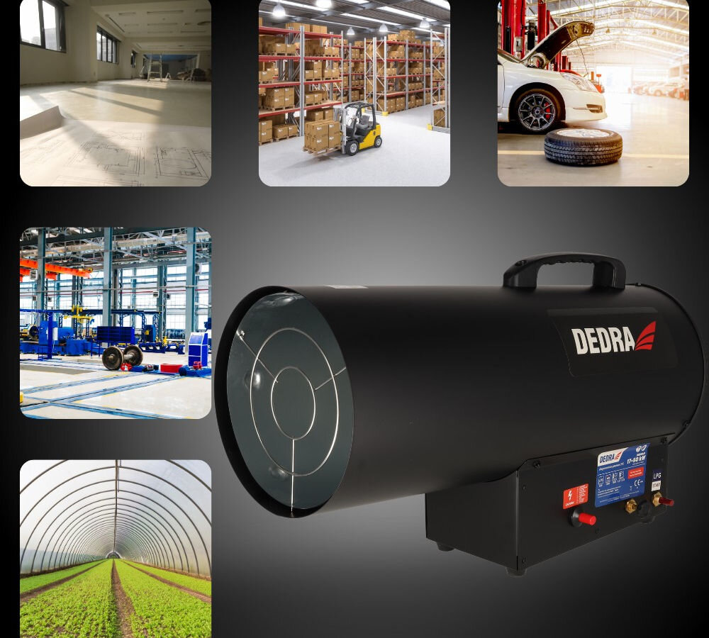 Nagrzewnica gazowa DEDRA DED9947, ciepło, nawiew, gaz, ogrzanie, Dedra DED9947 na grafice z przykładowymi zastosowaniami – biuro, magazyn, hala, warsztat, tunel foliowy.