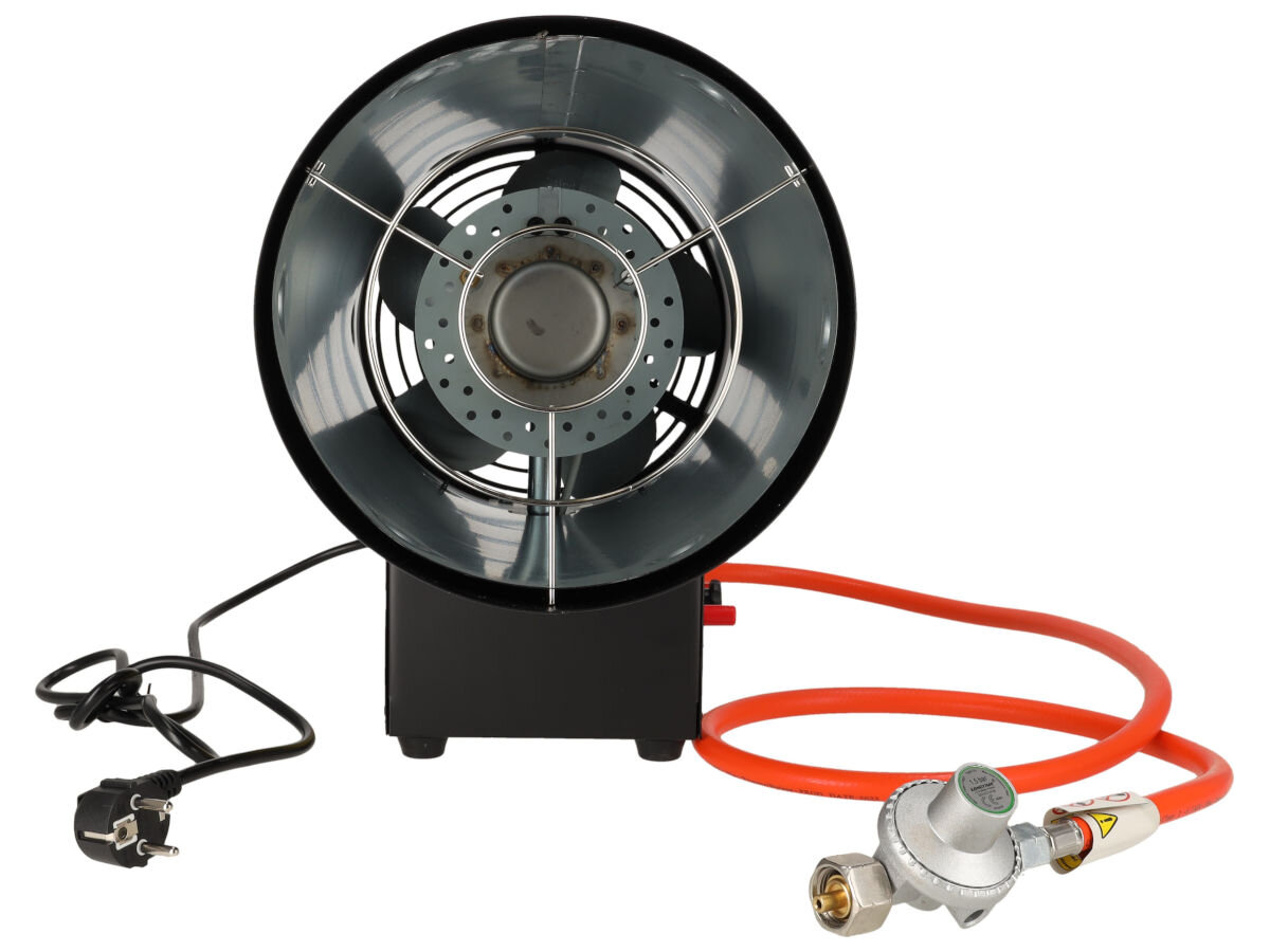 Nagrzewnica gazowa DEDRA DED9947, moc, wentylator, komfort, dystrybucja, Widok czołowy nagrzewnicy Dedra DED9947, wentylator, przewód gazowy, reduktor z lewej strony.