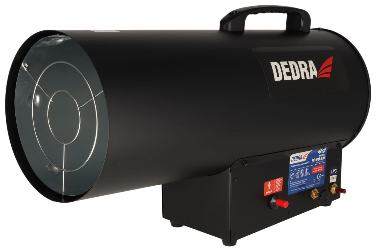 Nagrzewnica gazowa DEDRA DED9947, regulacja, przepływ, oszczędność, energia, Dedra DED9947 w pracy w jasnym pomieszczeniu, wydobywający się ciepły strumień powietrza, obok drabina.