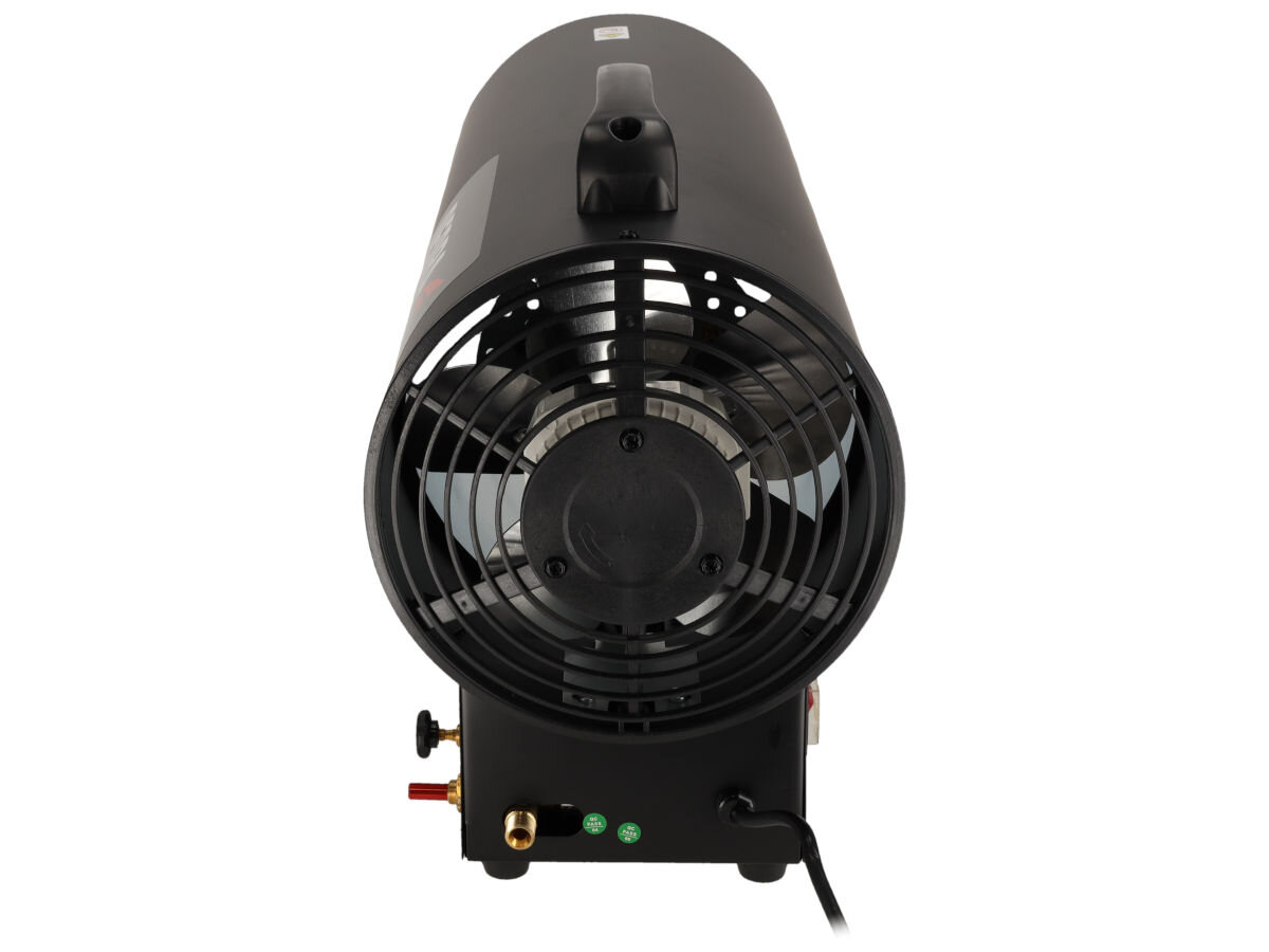 Nagrzewnica gazowa DEDRA DED9947, propan, butan, reduktor, wydajność, Widok z tyłu nagrzewnicy gazowej Dedra, kratka wentylatora, przyłącza gazowe oraz elektryczne.