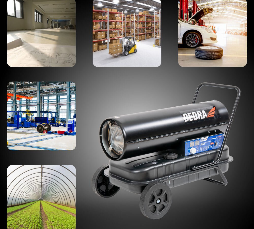 Nagrzewnica olejowa DEDRA DED9952B, nawiew, ciepło, ogrzewanie, olej, Dedra DED9952B na czarnym tle, wokół przykładowe zastosowania – biuro, magazyn, warsztat, garaż, tunel.
