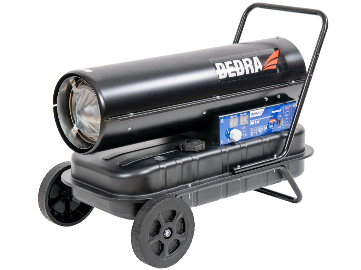 Nagrzewnica olejowa DEDRA DED9952B, moc, powierzchnia, przepływ, wydajność, Dedra DED9952B na kołach, widok boczny, uchwyt transportowy i stabilna konstrukcja.