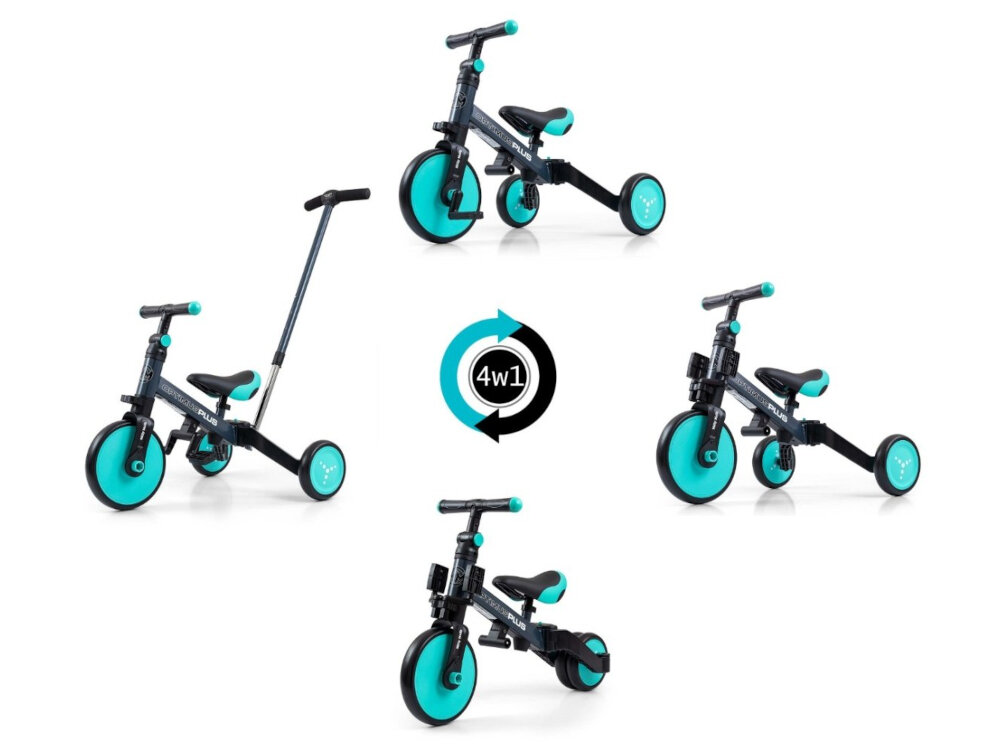 Rowerek biegowy MILLY MALLY Optimus Plus 4w1 Miętowo-czarny innowacyjne odczepiane pedaly dwukolowy rowerek biegowy trojkolowy rowerek biegowy trojkolowy rower z pedalami rowerek z dodatkowa raczka dla rodzicauchwyt na pedaly w kolumnie kierownicy rozwoj aktywnosc fizyczna
