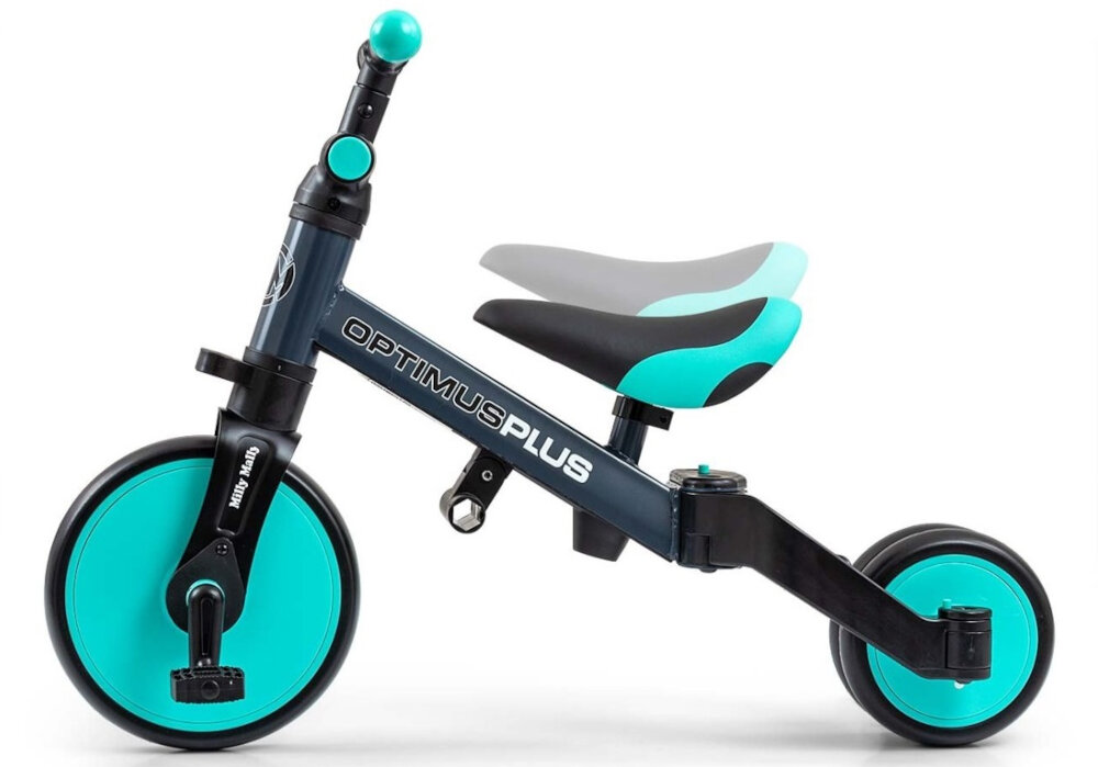 Rowerek biegowy MILLY MALLY Optimus Plus 4w1 Miętowo-czarny dla dzieci od 12 miesiaca zycia ergonomiczne siedzisko regulacja wysokosc w zakresie od 30 do 34 cm rosnie razem z dzieckiem