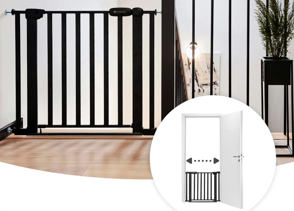 Barierka zabezpieczająca KINDERKRAFT KALOGO00WOD0000 Biało-brązowy łatwy montaż uniwersalny styl regulacja szerokość zakres dopasowanie system LOCK & GO