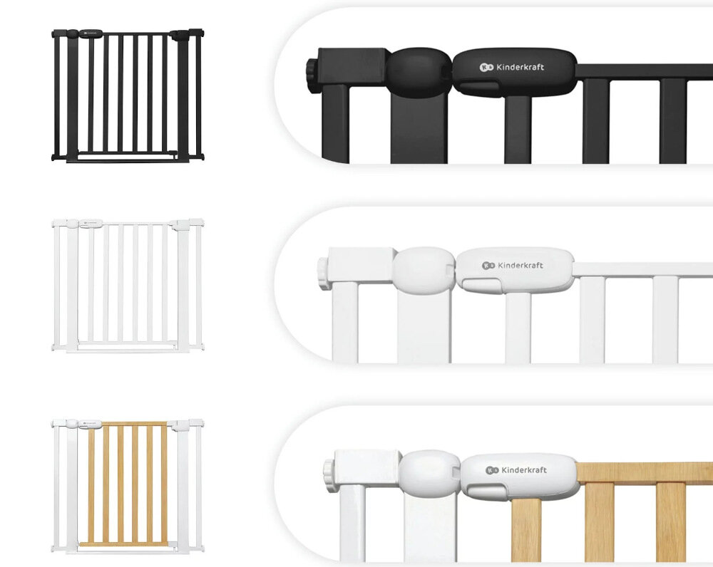 Barierka zabezpieczająca KINDERKRAFT KALOGO00WOD0000 Biało-brązowy Stylowy wygląd stylistyka trzy wersje kolorystyczne kolor kolorystyka biała czarna odcień drewna dopasowanie wnętrze wystrój