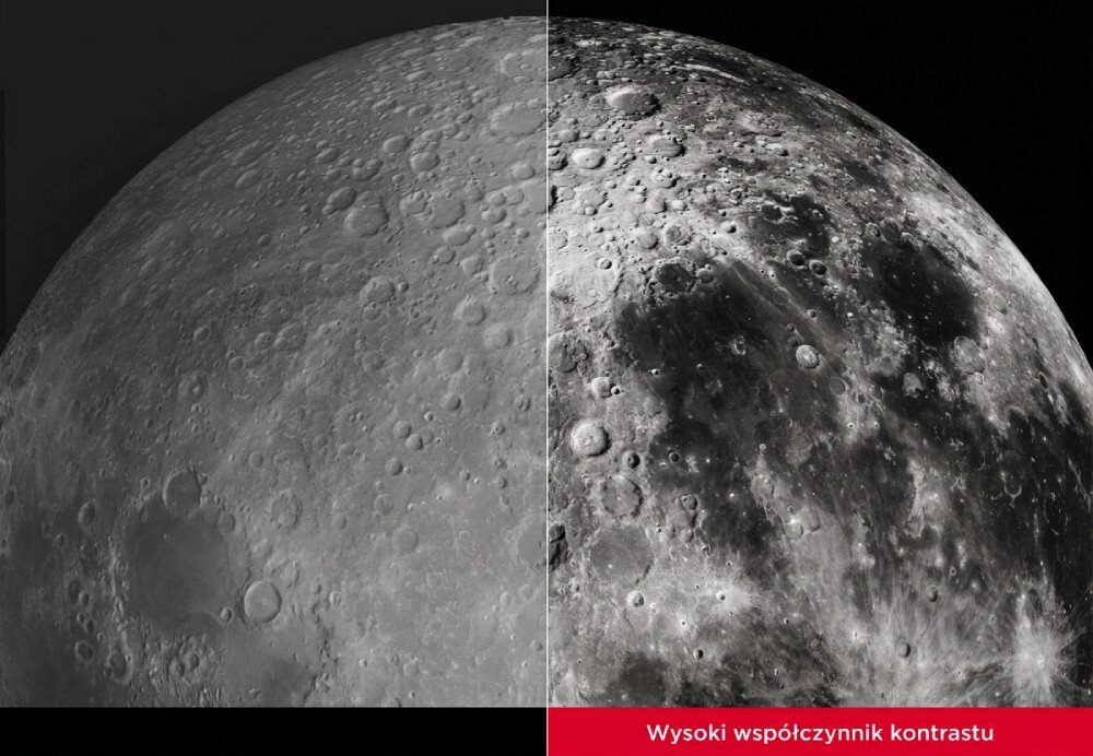 Projektor laserowy VIEWSONIC Porównanie obrazu powierzchni księżyca podzielone na dwie części, z podpisem 'Wysoki współczynnik kontrastu' po prawej stronie