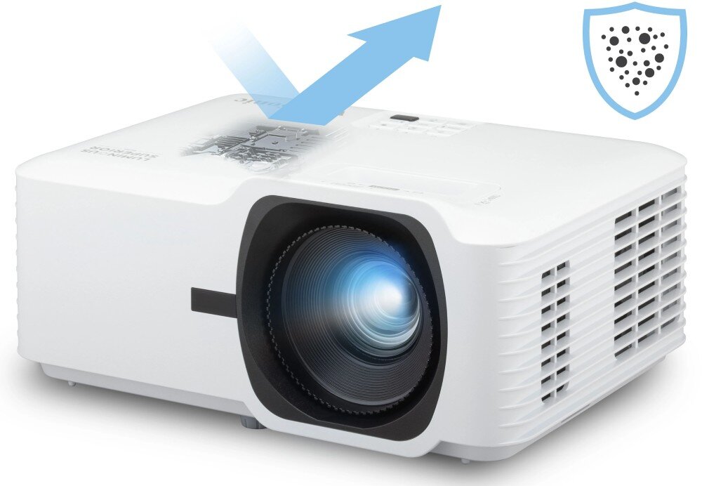 Projektor laserowy VIEWSONIC Projektor z widocznym obiektywem oraz grafiką strzałki i tarczy z kropkami symbolizującą ochronę przed pyłem