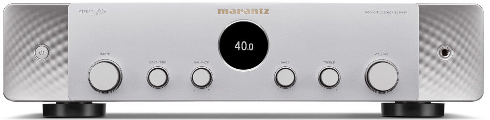 Amplituner MARANTZ Stereo 70S Phono MM dwa subwoofery USB słuchawki, amplituner od frontu na białym tle