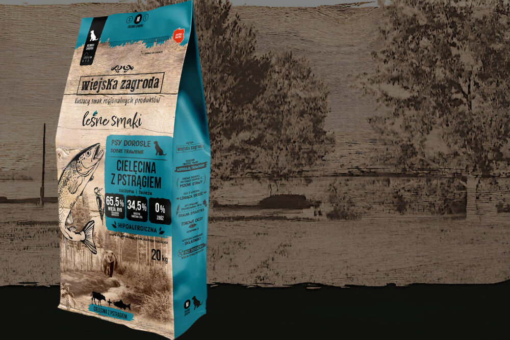 Karma dla psa WIEJSKA ZAGRODA Cielęcina z pstrągiem 20 kg dawkowanie analiza sklad