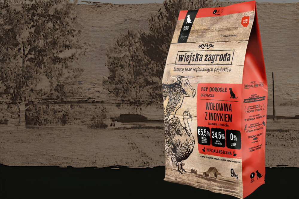 Karma dla psa WIEJSKA ZAGRODA Wołowina z indykiem S 9 kg dawkowanie analiza sklad