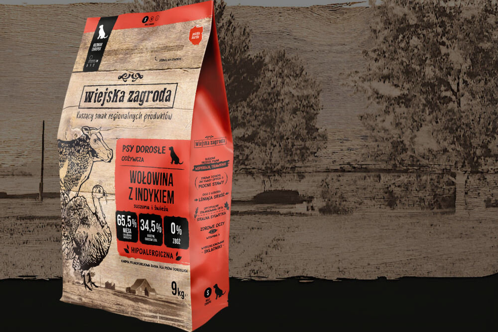 Karma dla psa WIEJSKA ZAGRODA Wołowina z indykiem S 9 kg dawkowanie analiza sklad