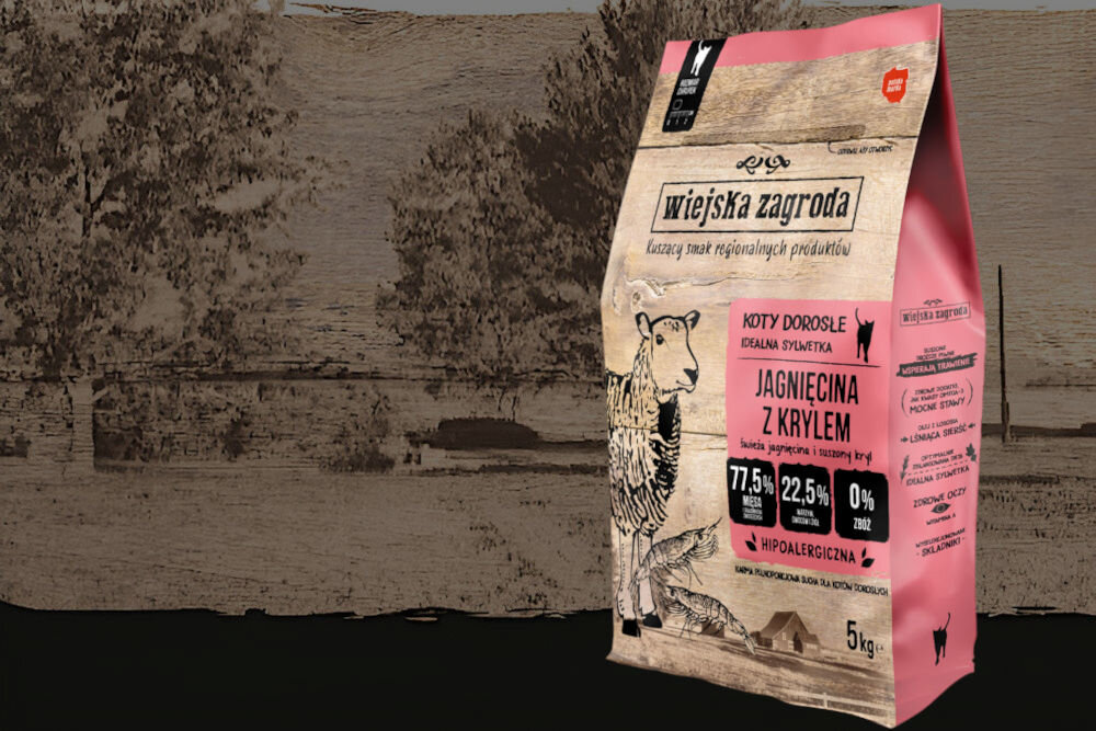 Karma dla kota WIEJSKA ZAGRODA Jagnięcina z krylem 5 kg dawkowanie analiza sklad