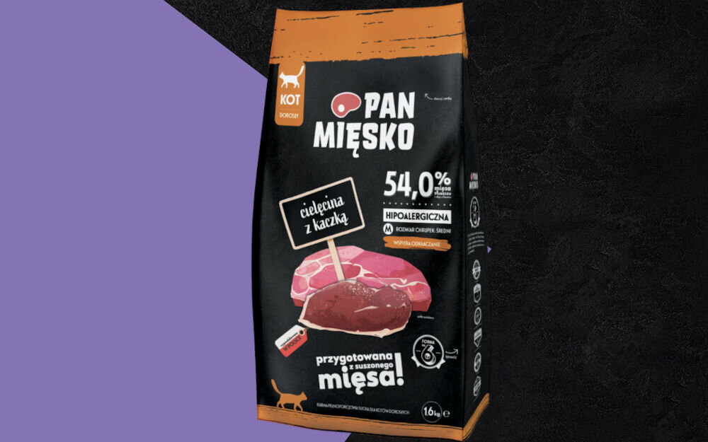 Karma dla kota PAN MIĘSKO Cielęcina z kaczką M 1.6 kg dawkowanie analiza sklad