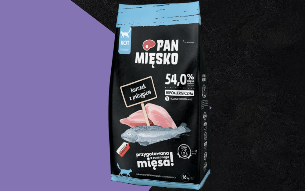 Karma dla kota PAN MIĘSKO Kurczak z pstrągiem S 1,6 kg dawkowanie analiza sklad
