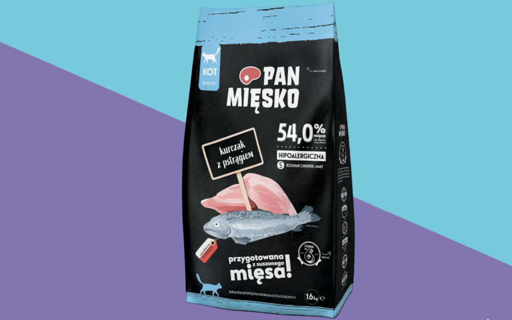 Karma dla kota PAN MIĘSKO Kurczak z pstrągiem S 1,6 kg dawkowanie analiza sklad