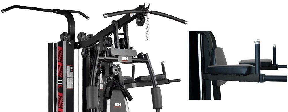 Atlas BH FITNESS TT4 G159B trening 4 osob jednoczesnie pierwsze stanowisko cwiczenia ramion od rozpietek do wyciskania w pozycji siedzacej drugie ma prase do cwiczen miesni nog trzecie wydajny trening brzucha drazek do dipow wykorzystanie ciezaru wlasnego ciala czwarte wyciag gorny drazek do podciagania modlitewnik uchwyt do pompek wszechstronne zastosowanie