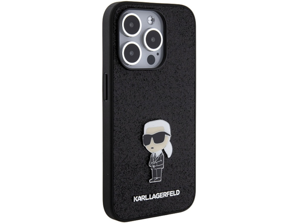 Etui Karl Lagerfeld Fixed Glitter brokatowym wykończeniem metalowym emblematem niemieckiego projektanta połysk i detale