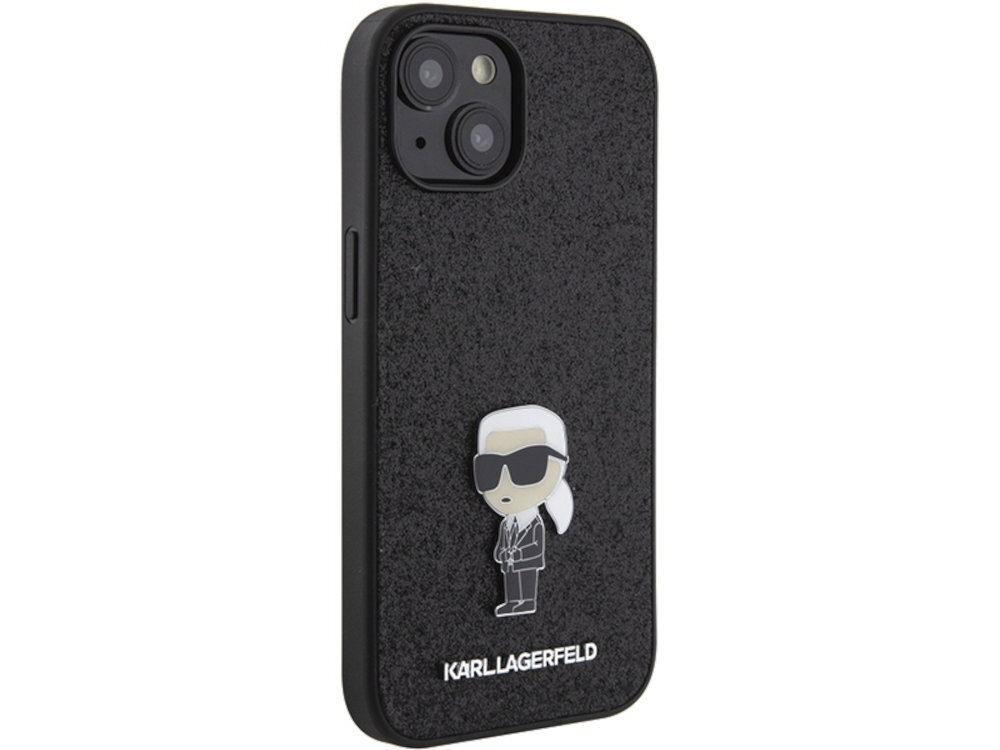 Etui Karl Lagerfeld Fixed Glitter brokatowym wykończeniem metalowym emblematem niemieckiego projektanta połysk i detale