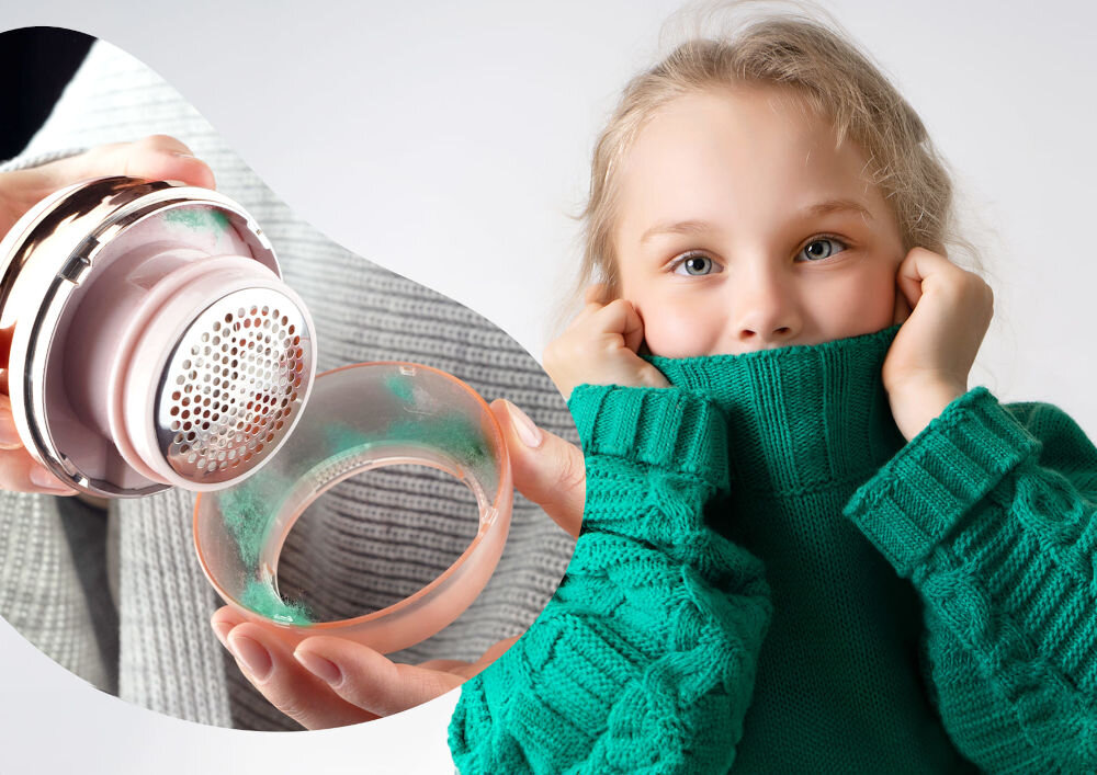 Golarka do ubrań NENO Merino Kolaż przedstawiający dziecko w zielonym golfie oraz dłonie otwierające przezroczysty pojemnik golarki Neno wypełniony usuniętymi kłaczkami.