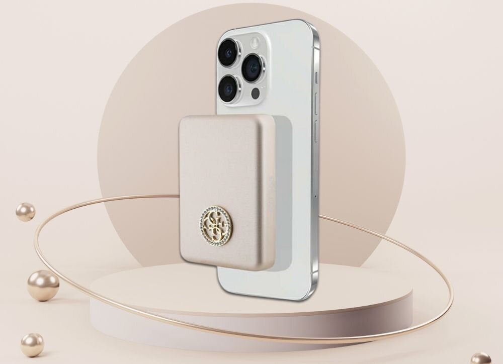 Powerbank indukcyjny GUESS 4G Strassed Metal Logo MagSafe 15W 5000 mAh konstrukcja moc aluminium dlon wyglad logo 4g