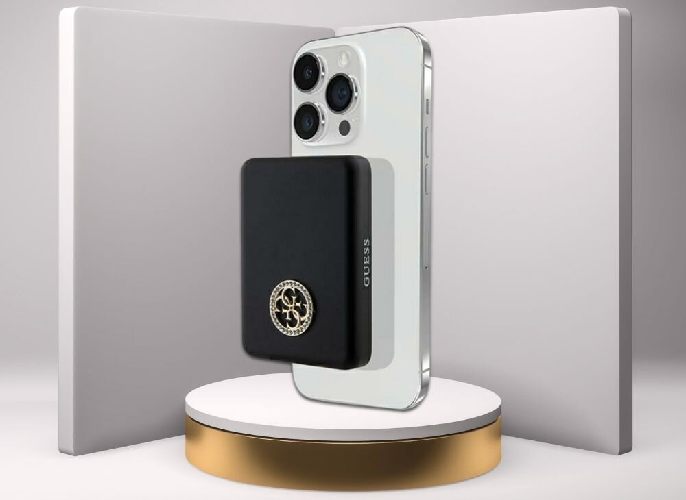 Powerbank indukcyjny GUESS 4G Strassed Metal Logo MagSafe 15W 5000 mAh konstrukcja moc aluminium dlon wyglad logo 4g