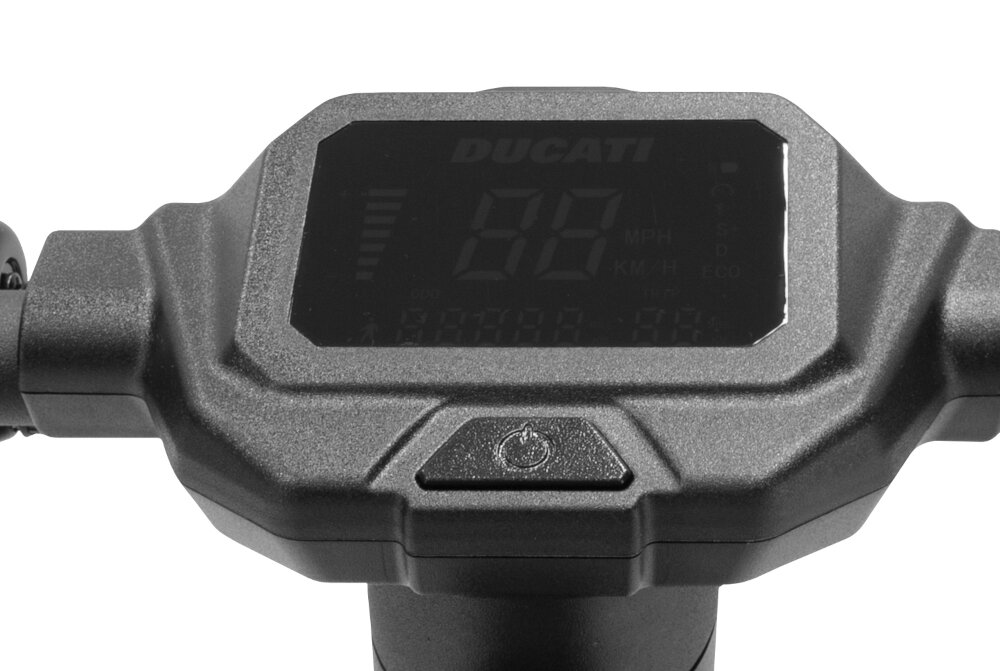 Hulajnoga elektryczna DUCATI Scrambler Cross E Sport Czarno-żółty minimalistyczna kieronica antyposlizgowe uchwyty intuicyjny wyswietlacz
