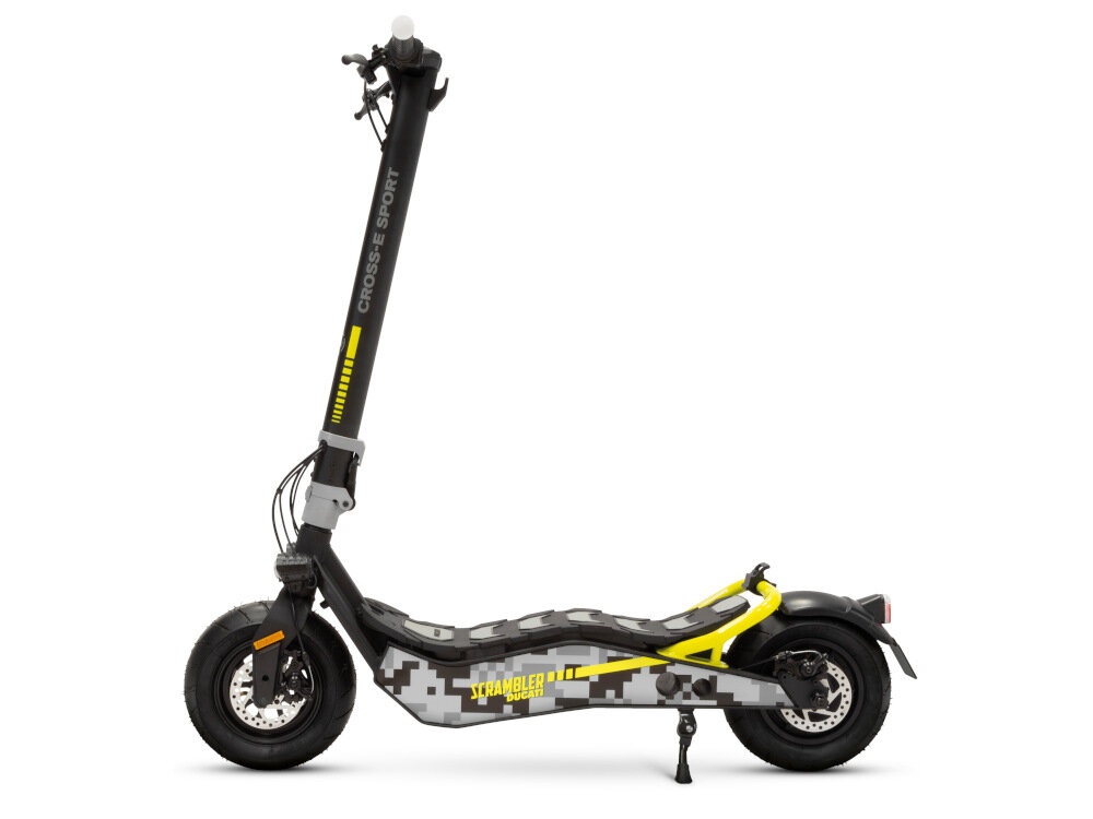 Hulajnoga elektryczna DUCATI Scrambler Cross E Sport Czarno-żółty solidna konstrukcja ramy talowo-aluminiowa najwyzsze standardy bezpieczenstwa i produkcji duzy poklad antyposlizgowy obciazenie do 120 kg