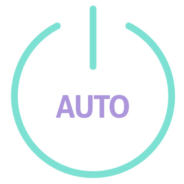 Ikona przedstawia symbol włącznika w kolorze miętowym z napisem \'AUTO\' w kolorze fioletowym na białym tle.