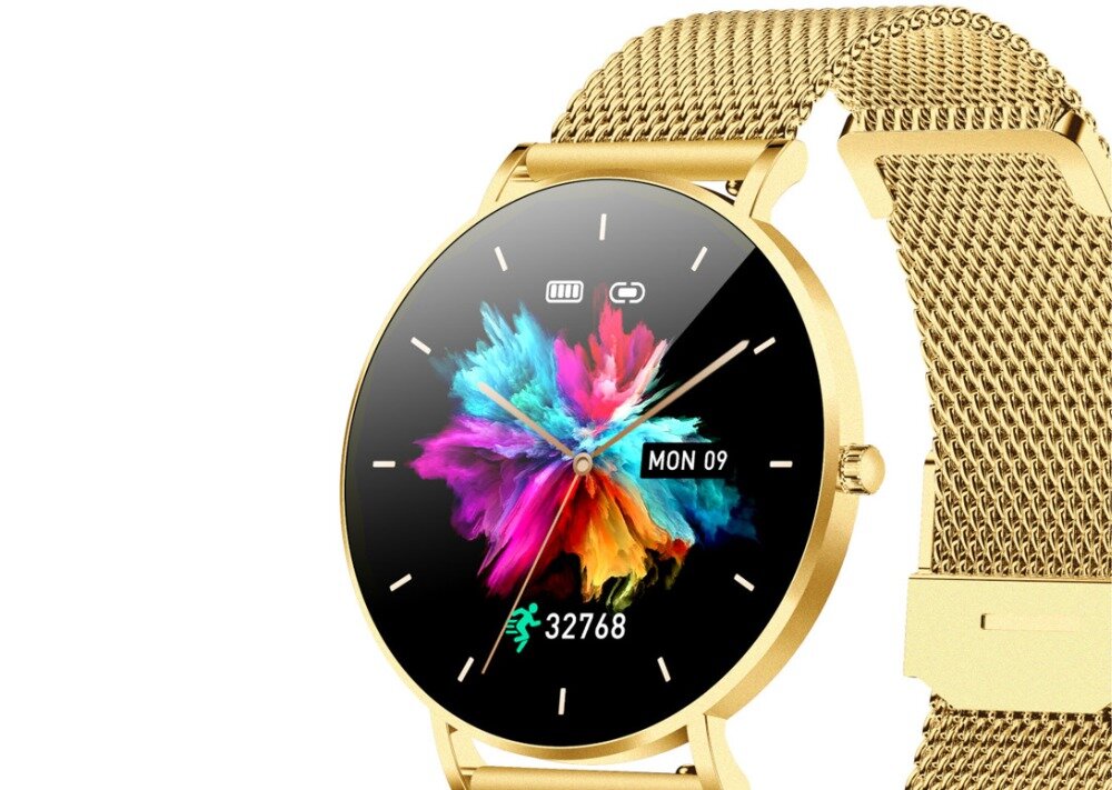 Smartwatch MANTA Alexa Lux Złoty + pasek ekran bateria czujniki zdrowie sport pasek ładowanie pojemność rozdzielczość łączność sterowanie krew puls rozmowy smartfon aplikacja