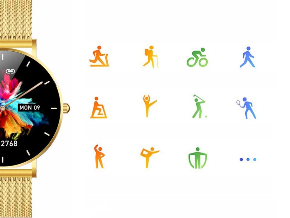 Smartwatch MANTA Alexa Lux Złoty + pasek ekran bateria czujniki zdrowie sport pasek ładowanie pojemność rozdzielczość łączność sterowanie krew puls rozmowy smartfon aplikacja