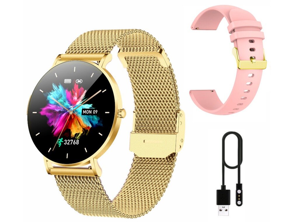 Smartwatch MANTA Alexa Lux Złoty + pasek ekran bateria czujniki zdrowie sport pasek ładowanie pojemność rozdzielczość łączność sterowanie krew puls rozmowy smartfon aplikacja